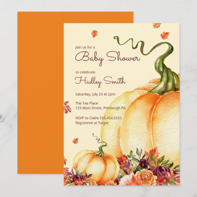 Kleiner Kürbis, Herbstlaube Babydusche Einladung (Vorne/Hinten)