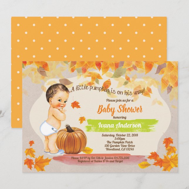 Kleiner Kürbisbaby Boy Dusche Vintager Fall Einladung (Vorne/Hinten)