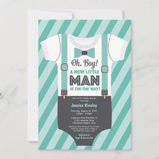 Kleiner Mann Boy Baby Dusche, graue Aquamarine Tür Einladung (Vorderseite)