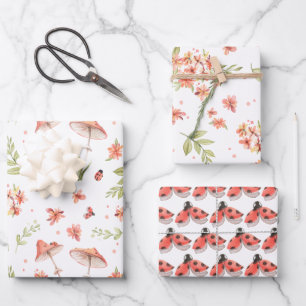 Kleiner Marienkäfer Blumenwasserfarben Drei Pack Geschenkpapier Set