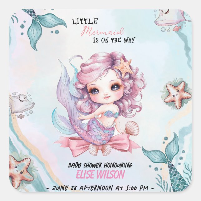 Kleiner Mermaid-Bogen ist auf dem Weg Babydusche Quadratischer Aufkleber (Vorderseite)