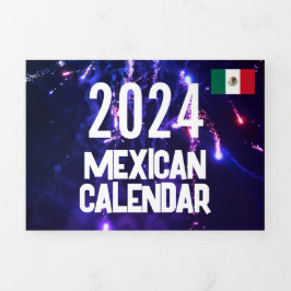 Kleiner mexikanischer Kalender 2024 mit Feiertagen Dreifach-gefaltete Programmkarte