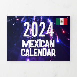 Kleiner mexikanischer Kalender 2024 mit Feiertagen Dreifach-gefaltete Programmkarte