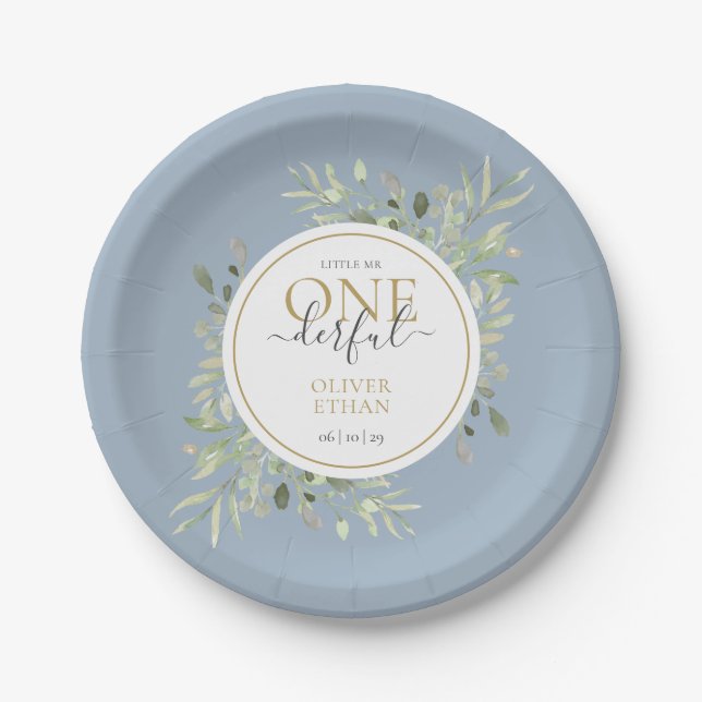 Kleiner Mr. ONEderful First Birthday Boy Blue Pappteller (Vorderseite)