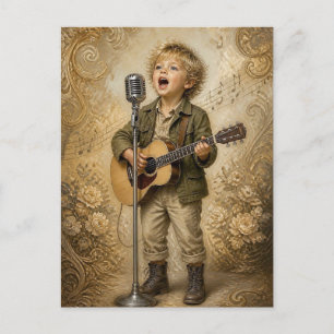 Kleiner Musikermädchen singt und spielt Gitarre Postkarte