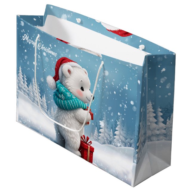 Kleiner niedlicher Babybär mit Weihnachtshut Große Geschenktüte (Vorderseite Schrägansicht)