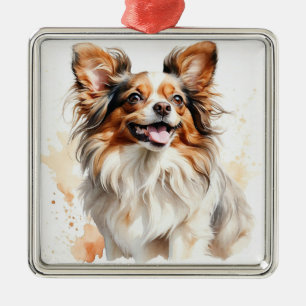 KLEINER NIEDLICHER FLUFFER PAPILLON PUPPY HUND ORNAMENT AUS METALL