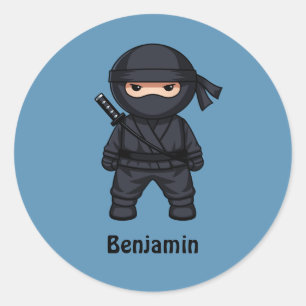 Kleiner Ninja-Krieger auf Blau Runder Aufkleber