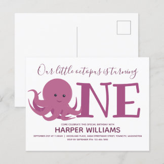 Kleiner Oktopus, der ein Tier zum ersten Geburtsta Einladungspostkarte