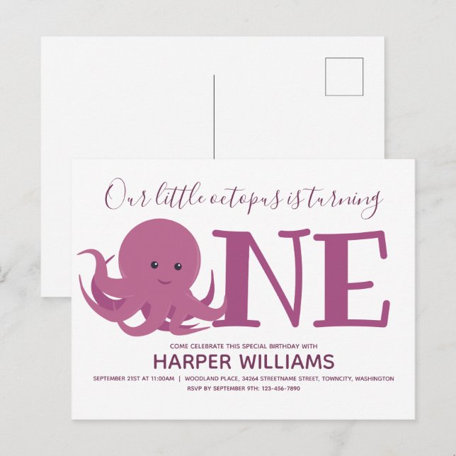 Kleiner Oktopus, der ein Tier zum ersten Geburtsta Einladungspostkarte (Vorne/Hinten)