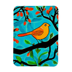 Kleiner Orangenvogel auf einer blühenden Branche Magnet