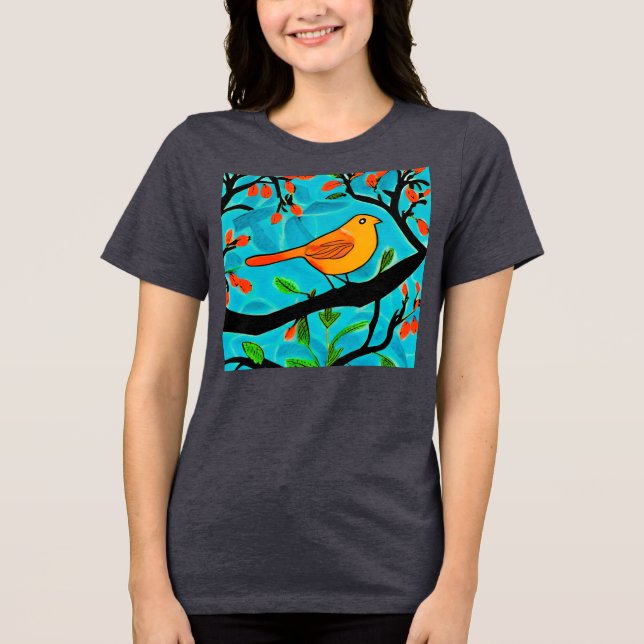 Kleiner Orangenvogel auf einer blühenden Branche Tri-Blend Shirt (Vorderseite)