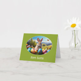 Kleiner Osterhase in Landschaft, oval - Karte