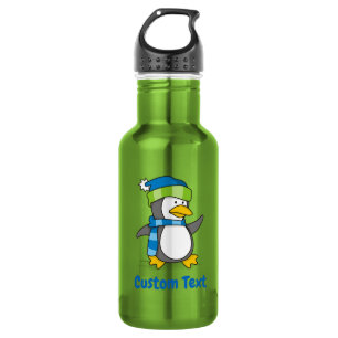 Kleiner Pinguin läuft auf Schnee Wasserflasche