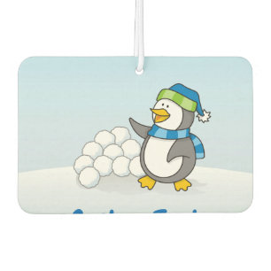 Kleiner Pinguin mit Schneebälle schwenkende Autolu Autolufterfrischer