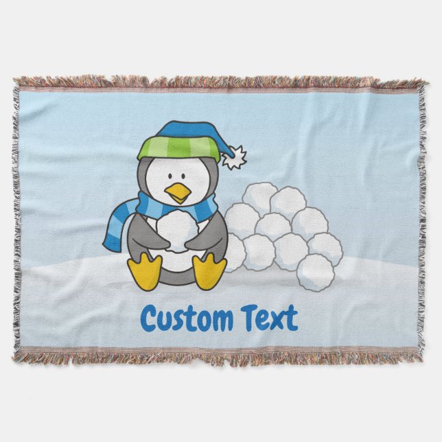 Kleiner Pinguin mit Schneebällen wirft blanke Decke (Vorderseite)