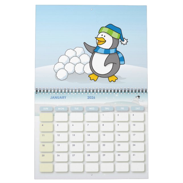 Kleiner Pinguin mit schneebedeckten Kugeln Kalender (Jan 2026)