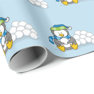 Kleiner Pinguin sitzend mit Schneebälle verpacken Geschenkpapier