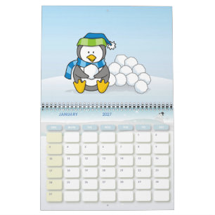 Kleiner Pinguin sitzt mit Schneebällen Kalender