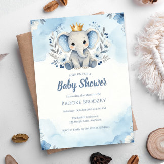 Kleiner Prinz Blaue Blumenelefanten-Baby-Party Einladung