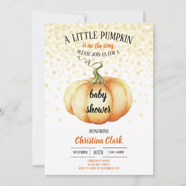 Kleiner Pumpkin auf dem Weg Baby Dusche Wasserfarb Einladung (Vorderseite)