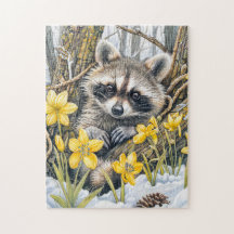 Kleiner Raccoon unter den Frühlingszwiebeln