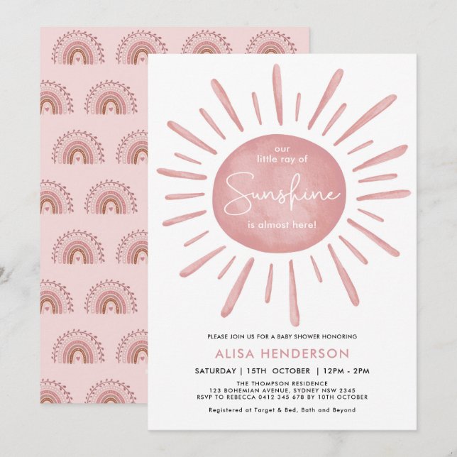 Kleiner Ray von Sunshine Boho Pink Sun Baby Dusche Einladung (Vorne/Hinten)