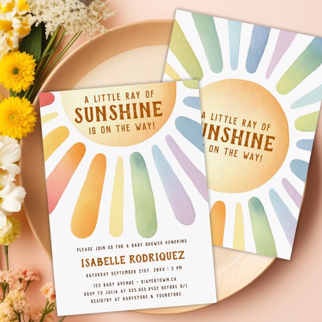 Kleiner Ray von Sunshine Boho Rainbow Baby Dusche Einladung (Little Ray Of Sunshine Boho Rainbow Baby Shower Invitation - Front & Back)