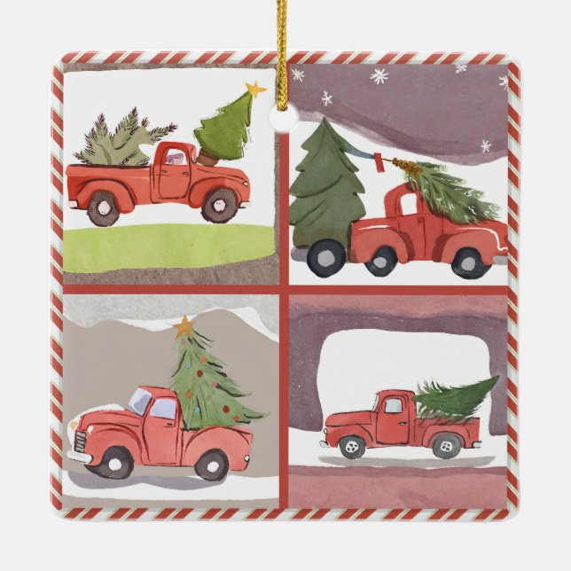 Kleiner roter Lkw, der einen Weihnachtsbaum AI hol Keramikornament (Rückseite)