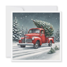 Kleiner roter LKW, der einen Weihnachtsbaum holt