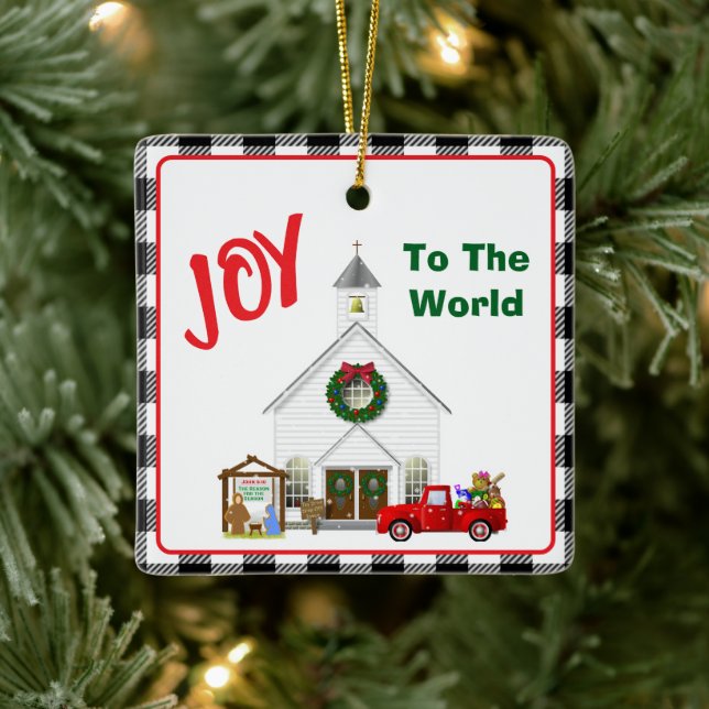 Kleiner roter LKW mit Country Church Keramikornament (Baum)