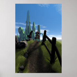 Kleiner roter Roboter, der über eine Hill Print ge Poster