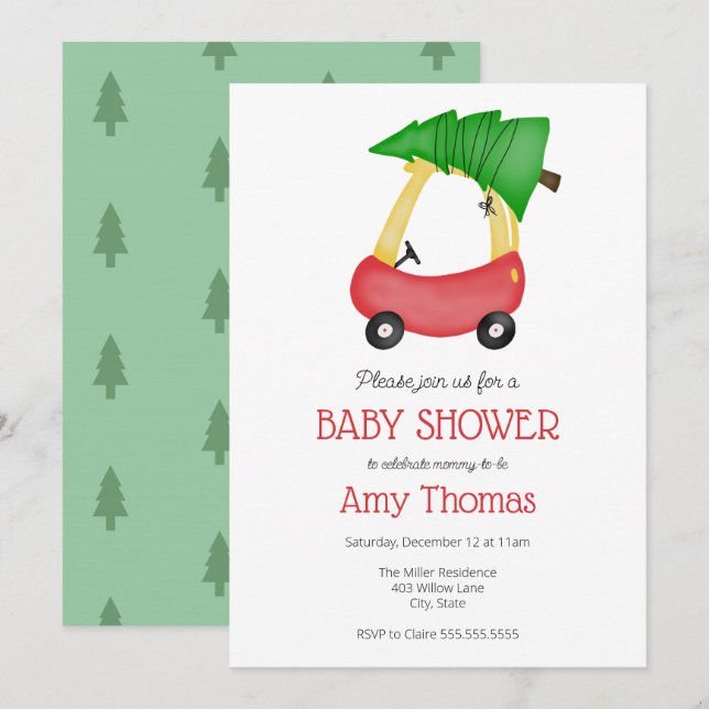 Kleiner Roter Wagen mit Weihnachtsbaum-Babydusche Einladung (Vorne/Hinten)