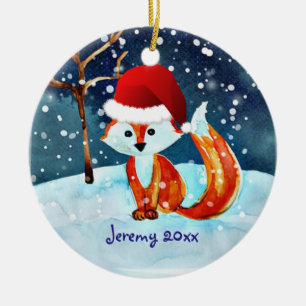 Kleiner Rotfuchs in der Weihnachtsmannmütze Keramik Ornament