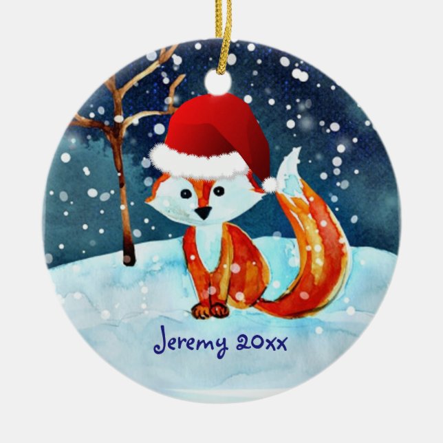 Kleiner Rotfuchs in der Weihnachtsmannmütze Keramik Ornament (Vorne)