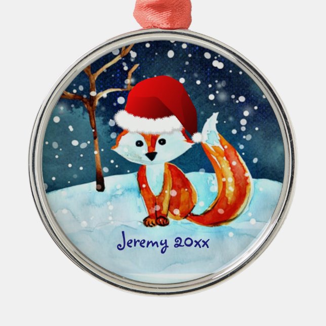Kleiner Rotfuchs in der Weihnachtsmannmütze Ornament Aus Metall (Vorne)