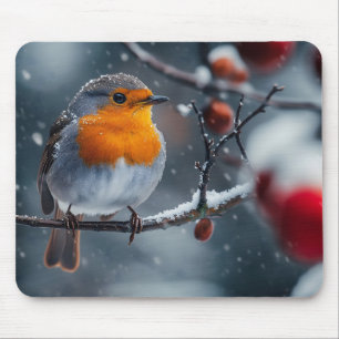 Kleiner Rotwein, der im Winter auf einem Ast sitzt Mousepad