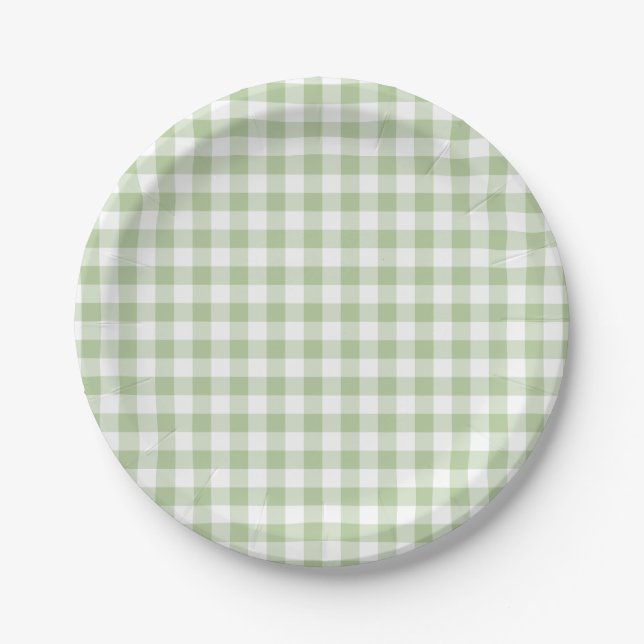 Kleiner Salbei und weißes Gingham Pappteller (Vorderseite)