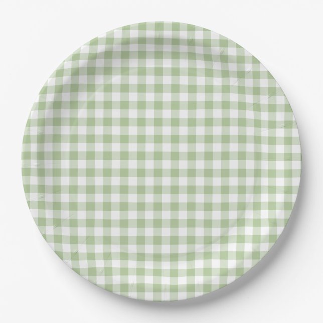 Kleiner Salbei und weißes Gingham Pappteller (Vorderseite)