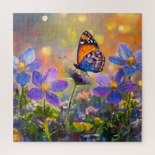 Kleiner Schmetterling auf Wildblumen bei Sonnenauf