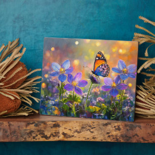 Kleiner Schmetterling auf Wildblumen bei Sonnenauf Fotoplatte