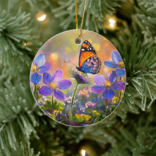Kleiner Schmetterling auf Wildblumen bei Sonnenauf Keramik Ornament