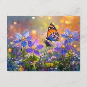Kleiner Schmetterling auf Wildblumen bei Sonnenauf Postkarte