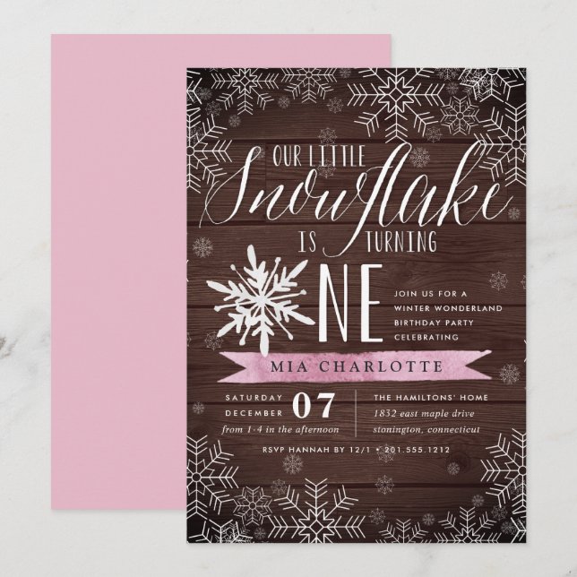 Kleiner Schneeflocken Rosa Rustikales Holz Erster  Einladung (Vorne/Hinten)