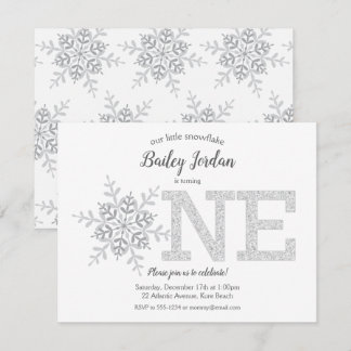 Kleiner Schneeflocken Silber Glitzer 1. Geburtstag Einladung