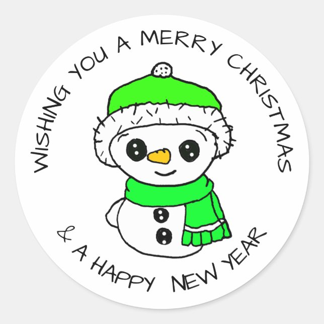 Kleiner Schneemann Hand Zeichnen Weihnachten Runder Aufkleber (Vorderseite)