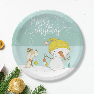 Kleiner Schneemann und Hund in Weihnachten Winters Pappteller