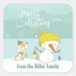 Kleiner Schneemann und Hund in Weihnachten Winters Quadratischer Aufkleber