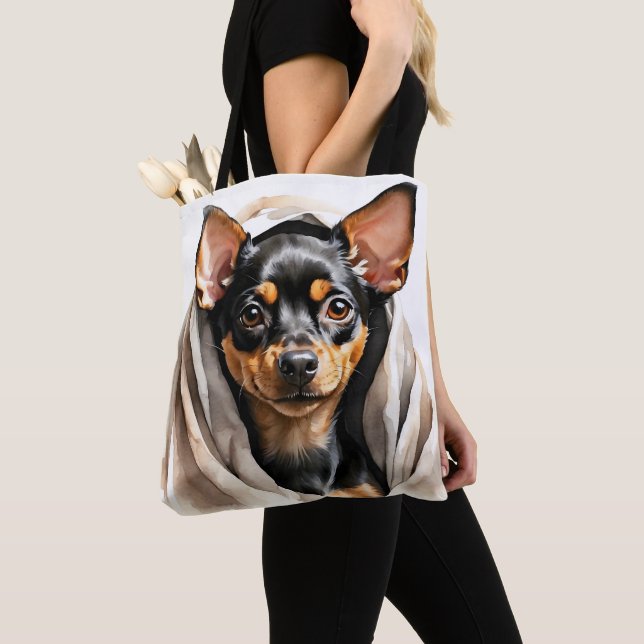 KLEINER SCHWARZ- UND TAN MINIATURPINSCHER PUPPENHU TASCHE (Von Nahem)