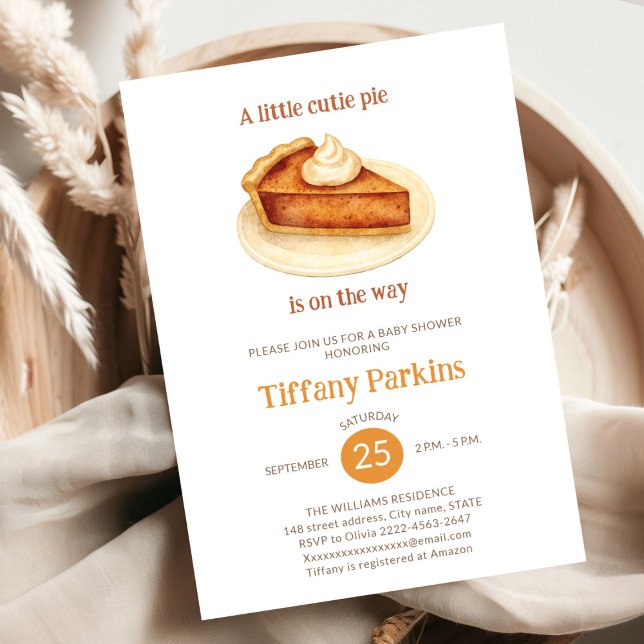 Kleiner Süsse Pie ist auf der Way Pumpkin Babydusc Einladung (Sweet Little Cutie Pie Baby Shower Invitation – Perfect for any season)